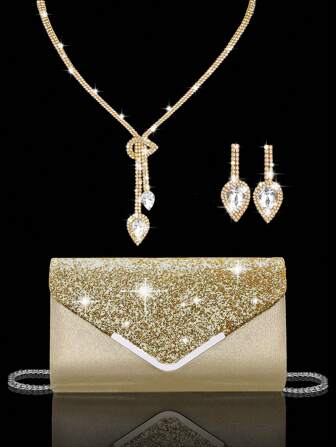 Women's Rhinestone Evening Clutch, Set Of 4 Rhinestone Ear Clips Bridal Wedding Choker Bracelet Pendant, Sparkling Purse, Perfect For Party, Wedding, Prom, Dinner/Banquet, Wedding Dress, Formal Wear, Prom Dress, Birthday Dress