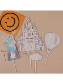 完整的城堡蛋糕装饰套装，包括粉色、蓝色、金色和银色城堡、风车、热气球、云朵和字母蛋糕装饰 - 閃銀城堡4pcs/套 - 查看 3