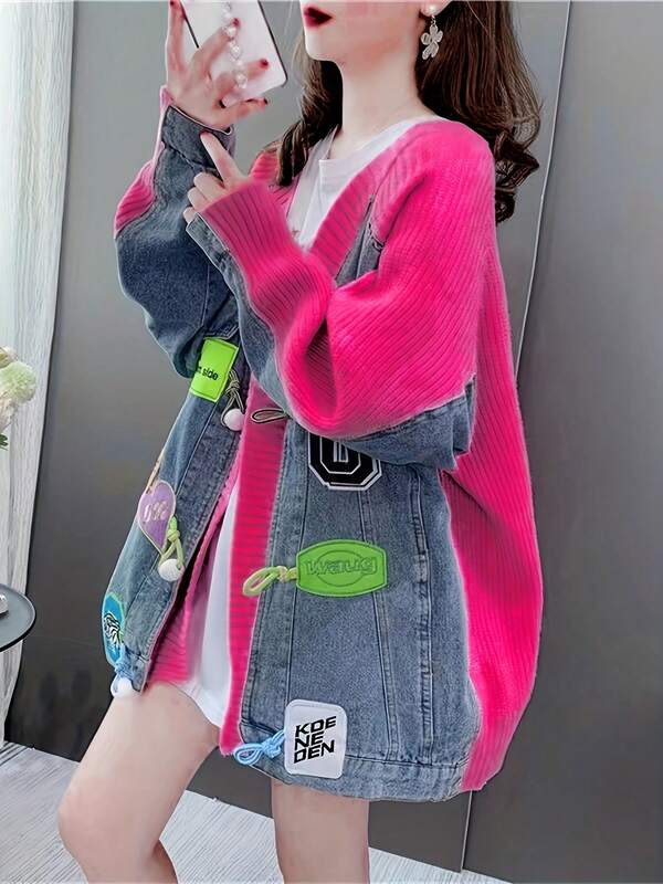 Denim Patchwork Sweater Cardigan Women, New Year Loose Knit Coat Top