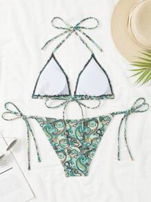 Maiô Feminino de Estampa de Paisley para Praia de Verão, Conjunto de Maiô Bikini Triângulo Sexy com Alça Halter no Pescoço