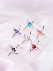 2025 Latest Zinc Alloy Heart-Shaped Angel Wing Pendant Stainless Steel Zirconia Navel Piercing Jewelry, To Match Red Customer