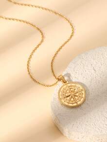 1pc Retro Fashion 18K Gold Plated Stainless Steel Necklace With Compass, Sun Totem, Mask Pendant, Unisex Couple Jewelry Gift For Daily Wear Or Party - Gold - View 3