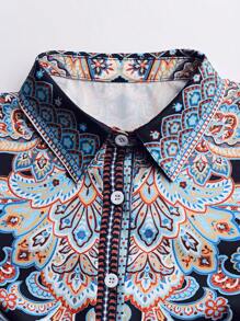 Camicia da donna a maniche lunghe con collo alla coreana, bottoni, con stampa, adatta per primavera ed estate