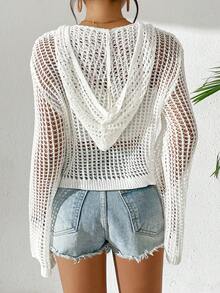 Women's Casual Vacation Solid Color Hollow-Out Knitted Cover Up With Hoodie, Long Sleeve Top - White - View 2