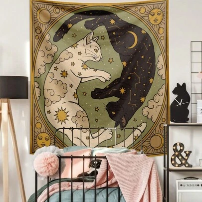1 Pc Vintage Sun, Moon, Lucky Cat, Constellation, Letter, Boho Style Printed Tapestry Wall Hanging Decor, Living Room, Bedroom, Office, Dorm, Home Party, Rectangular Kitchen Wall Decor Fabric With Drape, Includes 3 Pins And 2 Clips