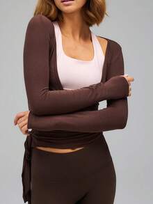 Pilates Wrap Tie Shirt Tops For Women Long Sleeve Ballet Tie Top Dance Ballerina Cover Up Top Yoga Workout Blouse - 咖啡棕 - 查看 2