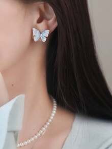 1 件/2 件/6 件套装独特设计优雅不对称蓝水晶蝴蝶和珍珠项链、手链、耳环、戒指首饰套装，送给女朋友/挚友的最佳礼物 - 漸層藍蝴蝶造型 - 查看 3