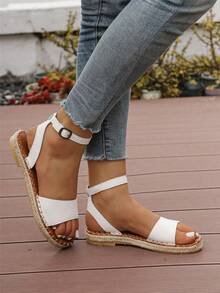 女士编织凉鞋，罗马拖鞋，波西米亚风拖鞋，草绳度假鞋，学院风女鞋，夏季海滩休闲鞋 - 白色 - 查看 5