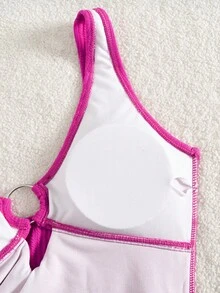 One-Piece Swimsuit For Tween Girls, Featuring High Side Slit Bikini Design, Tummy Control, Round Neck Backless Style, Makes You More Attractive On The Beach - Pink - View 4