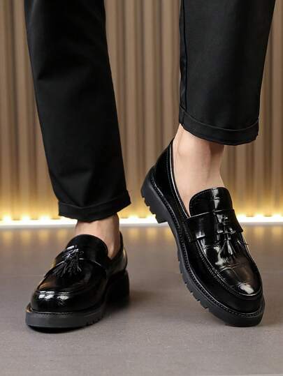 Men's Leather Shoes, British Style, Thick Sole Elevator, Embossed Loafers, Casual Business Formal Moccasins, Men's Shoes