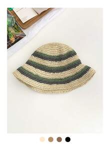 1pc Women Dopamine Gradient Weaven Round Top Straw Hat, Summer Beach Sun Protection Hat, Face-Slimming Bucket Hat, Breathable Bohemian Hollow Straw Hat - Straw Bucket Hat - View 9