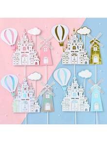 完整的城堡蛋糕装饰套装，包括粉色、蓝色、金色和银色城堡、风车、热气球、云朵和字母蛋糕装饰 - 閃銀城堡4pcs/套 - 查看 1