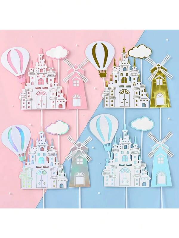 Completed Castle Cake Decorating Set, Includes Pink, Blue, Gold And Silver Castle, Windmill, Hot Air Balloon, Clouds And Lettering Cake Decor
