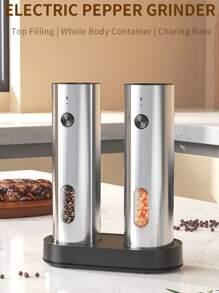 CLITON Zestaw elektrycznych młynków do soli i pieprzu z akumulatorem i automatycznym oświetleniem LED – obsługa jedną ręką, podwójna podstawa ładująca i regulowana grubość – najwyższej jakości automatyczne młynki do przypraw (1 szt., 2 szt., 2 opakowania)