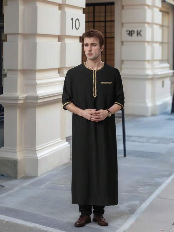 1 Bata de hombre árabe de cuello redondo, de unicolor, de moda y casual, con bolsillos, con encaje de contraste incrustado, de tela suave y cómoda que es amigable con la piel, ropa tradicional de Oriente Medio, bata de oración