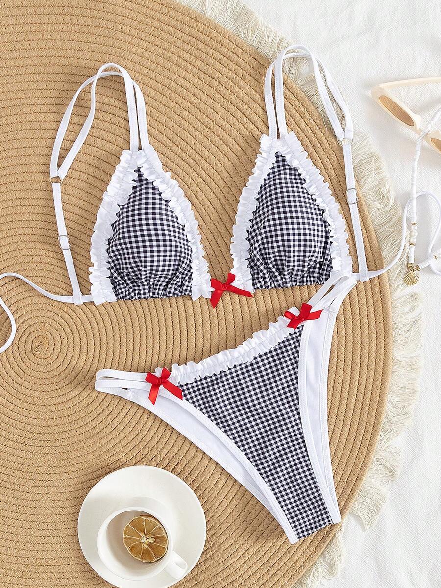 Wiosna/Lato Modne Czarno-Białe Kratki Tankini Bikini Zestawy