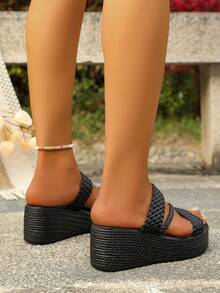 Sandal đế xuồng hở mũi dệt kim màu trơn thời trang mùa hè dành cho nữ, thoải mái, kiểu dáng thường ngày, tiện dụng khi đi du lịch. - màu đen - Xem 7