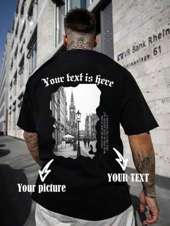 Custom Men's T-Shirt With Personalized Design - Support Custom Image, Customizable Text At 2 Locations, Suitable For Anime IP, Couple Portrait, Pet Photo, Art, Unique Slogan. Classic Basic Style, DIY Creativity Custom Workshop, Fashionable Item For All Seasons