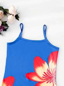 Seven Princess Young Girls Floral Print Spaghetti Strap Slit Dress, Casual, Resort, Party, Outdoor Wear, Summer - Blue - View 6