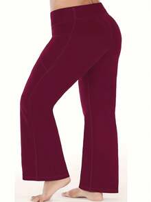 3pcs Women Plus Size High Waist Wide Leg Pants With Pockets, Bootcut Yoga Pants