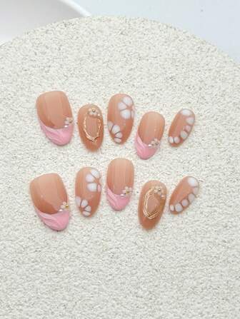 YINZIJIA Diseño único, 10 uñas postizas, rosa de la amistad con perlas en tres dimensiones, flor de cinco pétalos con patrón circular en polvo de espejo mágico en tres dimensiones, tamaño corto, forma de almendra, uñas postizas prensadas, regalo perfecto para uso diario y fiestas de primavera y verano de niñas y mujeres