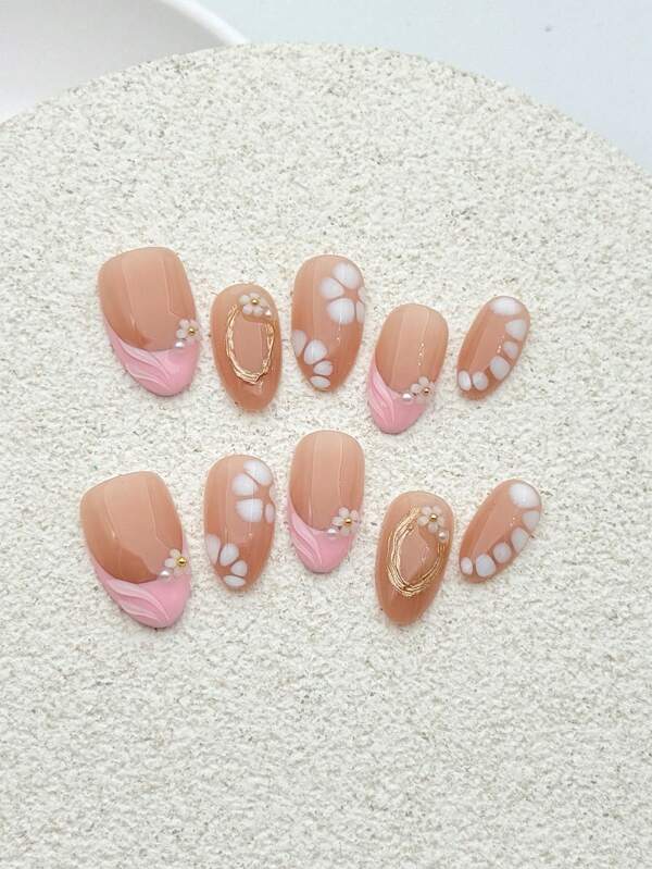 YINZIJIA Unique Design, 10 Pressed Nails, Sweetheart Pink French Three-Dimensional Pearls, Five Petal Flower Three-Dimensional Magic Mirror Powder Circular Pattern, Short Size, Almond Shaped Pressed Nails, Perfect Gift For Girls And Women's Daily Wear And Holiday Parties In Spring And Summer Seasons