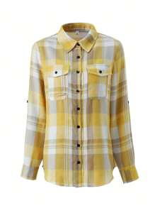 Camisa casual de poliéster con bolsillo, puño y cuello a cuadros, estilo universitario para uso diario, vacaciones y al aire libre, primavera