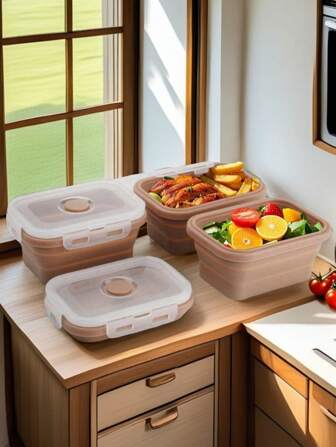 3pcs Foldable Food Storage Containers With Lids - Portable Bento Lunch Box, Suitable For Teenagers And Office Workers - Microwave & Dishwasher Safe - For School, Cafeteria And Home Kitchen,School Supplies