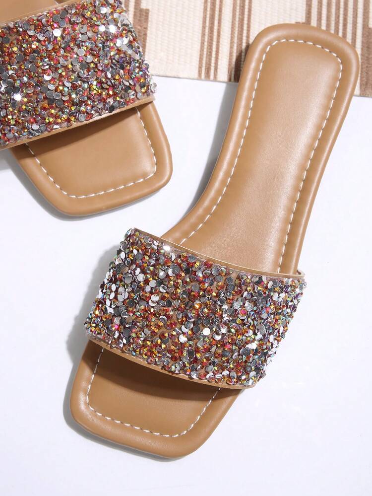 2025 时尚女士水钻平底凉鞋，夏季 - 棕色 - 查看 6