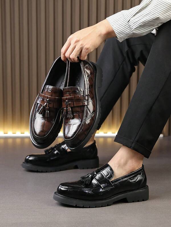 Men's Leather Shoes With Crocodile Texture, Cargo Style Style Business Preppy College Faux Leather Tassel Thick Sole Elevator Shoes For Office, Outdoor, Wedding, All Season