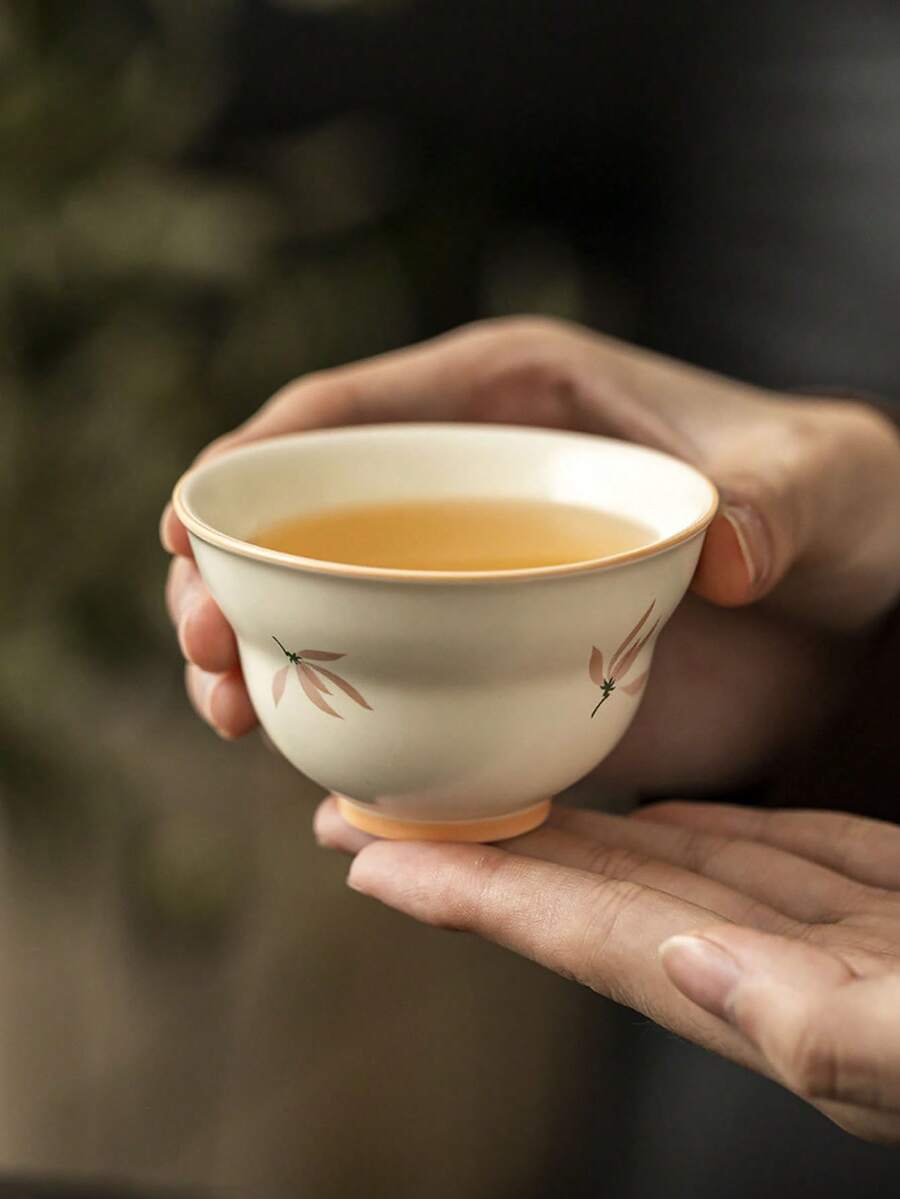 1pc/2pcs/4pcs 米色釉兰花与繁荣杯 陶瓷小茶杯 家用茶杯 单个陶瓷功夫茶具大师茶杯 下午茶冲泡杯 节日礼品杯 送给家人和朋友