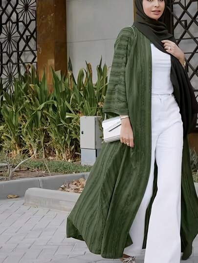 Solid Color Front Open Smock, Elegant Long Sleeve Long Flowing Coat, Women's Clothing