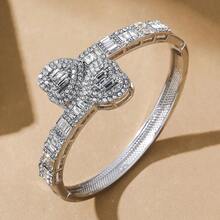 1pc Symmetrical Heart Design Copper Cubic Zirconia Plated Gold Ring - Silver - View 5