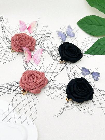 2 件装玫瑰网状花朵蝴蝶水钻发夹，女士角色扮演配饰