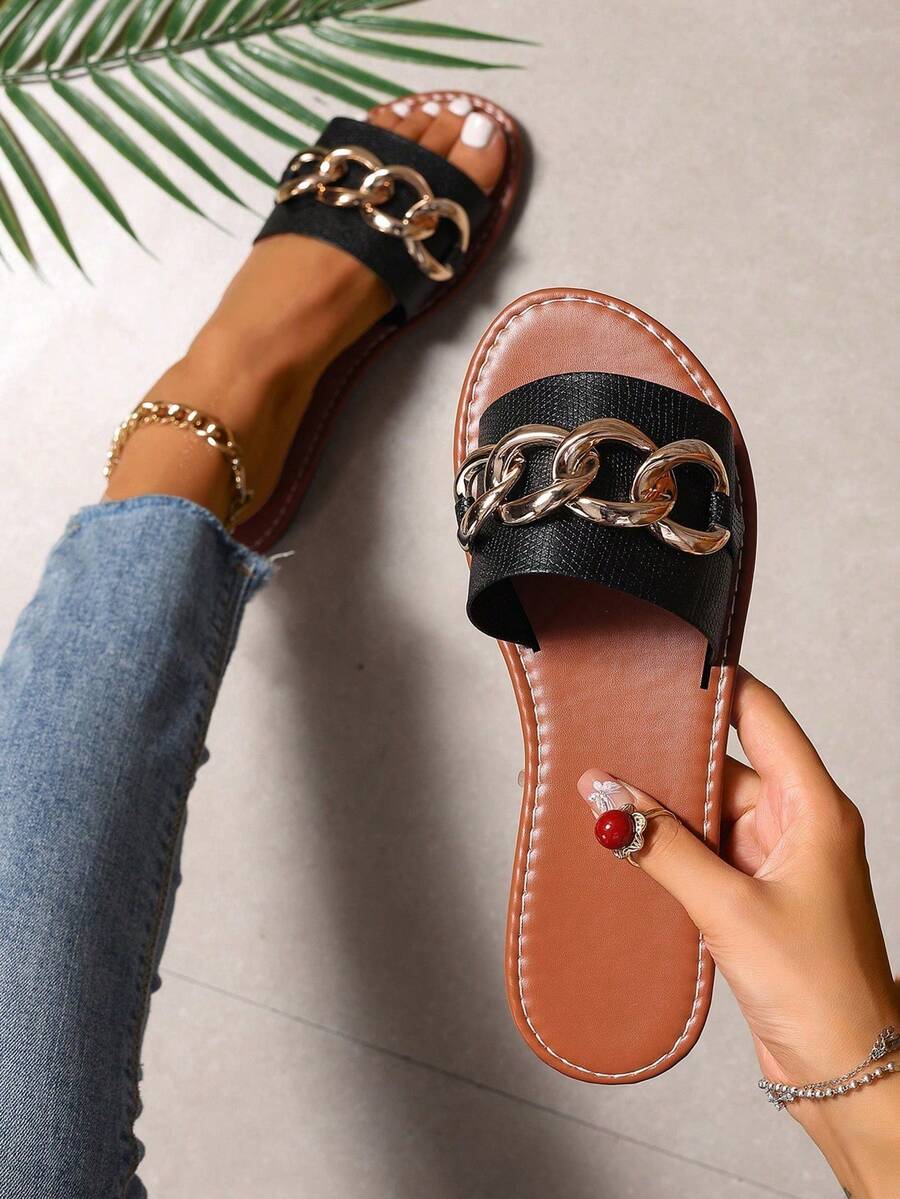 女士夏季休闲平底编织拖鞋，露趾罗马风格拖鞋，适合礼服、沙滩装、度假装 - 黑色 - 查看 1