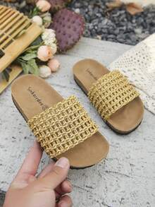 1 Pair New Style Kids Fashionable Casual Handmade Woven PU Material Net Striped Embellished Non-Slip Soft Cork Flat Open-Toe Slippers, Suitable For Summer - Ginger - View 3
