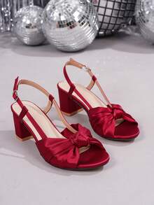 Giày sandal cao gót đế dày quai ngang thắt nơ mùa xuân/hè dành cho nữ, kiểu dáng đơn giản thời trang, thích hợp cho đám cưới, chất liệu satin màu đỏ tía, thoải mái và thanh lịch. - Màu Đỏ Sâu - Xem 6