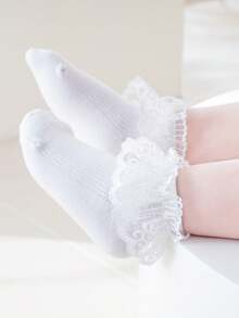 1 Pair Girls' Solid Color Lace Trim Hollow Out Breathable Princess Ankle Socks, For Daily Wear
