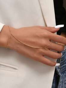 1pc Elegant Women Faux Pearl Chain Finger Ring, Fashionable Bride Wedding Decorative Hand Accessory, Suitable For Daily Outfits Valentine's Day Accessories