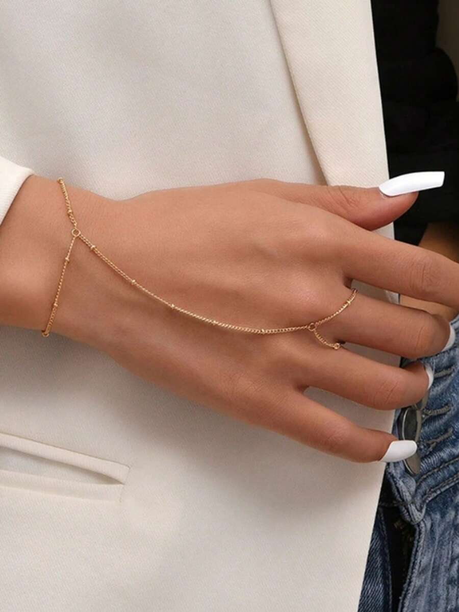 1pc Elegant Women Faux Pearl Chain Finger Ring, Fashionable Bride Wedding Decorative Hand Accessory, Suitable For Daily Outfits Valentine's Day Accessories