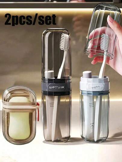 2 件套便携式旅行肥皂盒和牙刷架套装 - 塑料，椭圆形，露营、健身房、浴室必备配件