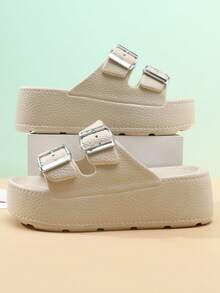 女士夏季厚底沙滩人字凉鞋，休闲户外简约时尚防滑耐磨拖鞋 - 卡其色 - 查看 4