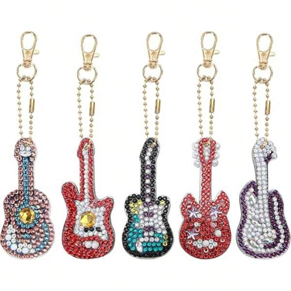 5pcs Guitar Shape Diamond Painting Keychain DIY Handmade Kit, 5D Colorful Decoration Parts, Crystal Gem Mini Art Diamond, Accessory For Ring, Backpack, Shoulder Bag