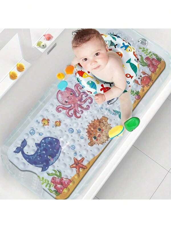 1 Stück 100*40cm bedruckter rutschfester Badematte für Kinder, Seepferd Wal Rosa Oktopus Baby Badematte für Kinder, weiche Kinderbadewannen-Matte Kleinkind-Badematte, Kinder-Duschvorlage mit Saugnäpfen, maschinenwaschbar, Unterwasserwelt weiche Kinderbadewannen-Matte Kleinkind-Badematte, Duschvorlage mit Saugnäpfen