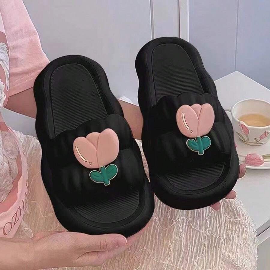 Black Tulip Petal Casual Sandals For Daily Wear - Black - View 1