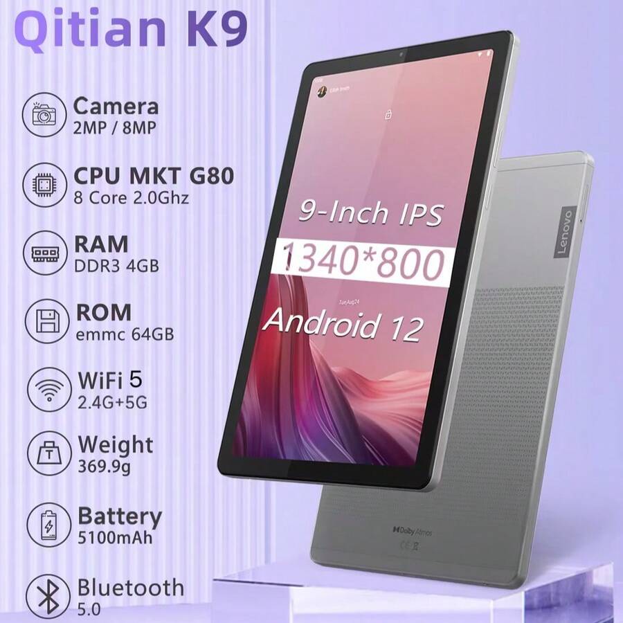 Lenovo 齐天 K9 TB310FU 平板电脑 4GB+64GB，Android 12，MKT G80，Wifi 5，BT 5.1，IPS 1340*800 屏幕，双摄像头 2MP+8MP，5100mAh，支持 2TB SD 扩展，无适配器