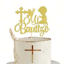 1pc Spanish Mi Bautizo Cake Topper Baptism Cake Decoration Cross First Holy Cake Pick For Religious God Bless Baptism Party Decoration - Gold - View 7
