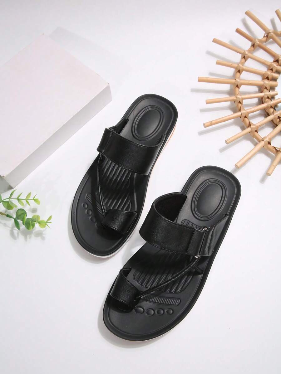 1 Pair Solid Color Geometric Pattern Comfortable Soft Slip-On Open Toe Beach/Party Shoes, Suitable For Spring/Summer - Black - View 1