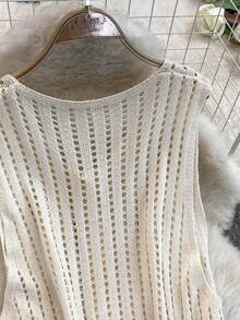 女式无袖蕾丝流苏针织罩衫，长款，开衩镂空设计，夏季分层背心 - 杏色 - 查看 9
