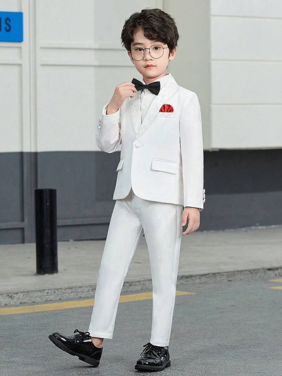 4 件套男童西装套装：夹克 + 背心 + 裤子 + 领结，适合婚礼、庆典和日常穿着 - 白色 - 查看 1